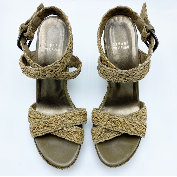 Stuart Weitzman Size 6 /36 Brown & Green Braided Leather Wrap Wedge Sandals EUC - Picture 5 of 7